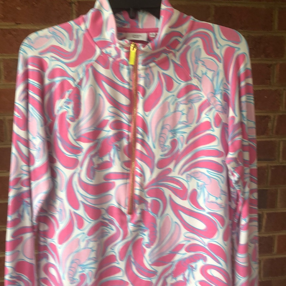Crown & Ivy “Beach” Pullover Sweatshirt: pink/light blue/white lobster print.
